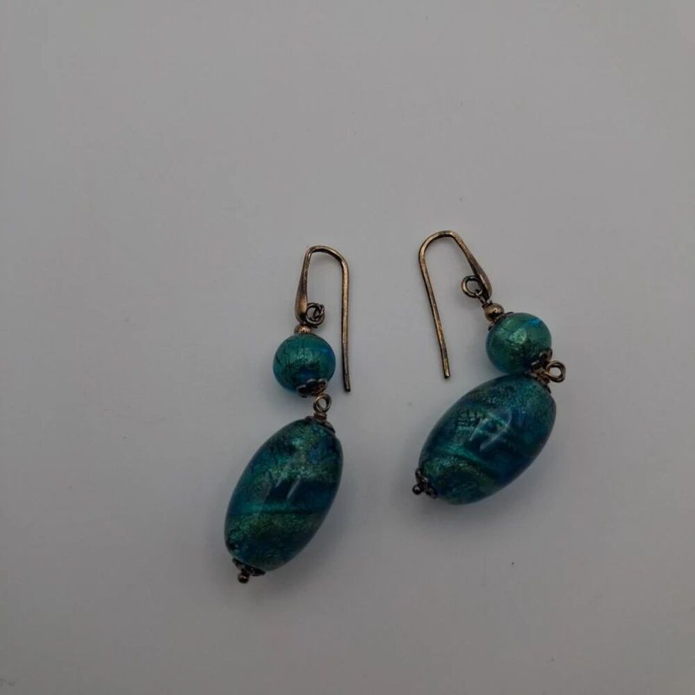 Vintage Blue Green Iridescent Foil Art Dangle Earrings